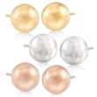 Italian Tri-Colored Sterling Silver Jewelry Set: Three Pairs of 8mm Ball Stud Earrings