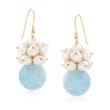 15.00 ct. t.w. Aquamarine and 3-4mm Cultured Pearl Drop Earrings in 14kt Yellow Gold
