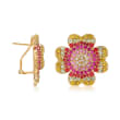 5.50 ct. t.w. Multicolored Sapphire and .26 ct. t.w. Diamond Floral Earrings in 18kt Gold