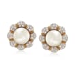 C. 1980 Vintage 14mm Cultured South Sea Pearl and 6.00 ct. t.w. Diamond Flower Clip-On Earrings in 18kt Yellow Gold