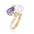 1.10 Carat Tanzanite and 7.5-8.5mm Cultured Pearl Bypass Ring with Diamond Accent in 14kt Yellow Gold
