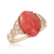 Coral and .19 ct. t.w. Diamond Ring in 18kt Yellow Gold