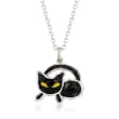 Black and Yellow Enamel Cat Pendant Necklace in Sterling Silver