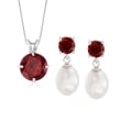 7-7.5mm Cultured Pearl and 2.70 ct. t.w. Garnet Jewelry Set: Earrings and Necklace in Sterling Silver