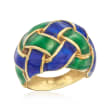 C. 1980 Vintage 14kt Yellow Gold Basketweave Dome Ring with Blue and Green Enamel