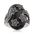Onyx and Marcasite Star Cocktail Ring in Sterling Silver