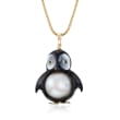 Black Agate, Mother-of-Pearl and 13mm Cultured Pearl Penguin Pendant with Sapphire Accents and 14kt Yellow Gold