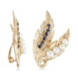 C. 1970 Vintage 3.5-4.5mm Cultured Pearl and .40 ct. t.w. Sapphire Leaf Clip-On Earrings in 14kt Yellow Gold