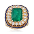 C. 1960 Vintage 3.90 Carat Emerald and .90 ct. t.w. Diamond Ring with Blue Enamel in 14kt Yellow Gold