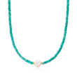 11.5-12.5mm Cultured Pearl and 4-5mm Turquoise Bead Necklace with 14kt Yellow Gold