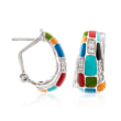 Belle Etoile &quot;Mosaica&quot; Multicolored Enamel and .33 ct. t.w. CZ Half-Hoop Earrings in Sterling Silver