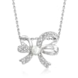4.5-5mm Cultured Pearl and .11 ct. t.w. Diamond Bow Pendant Necklace in Sterling Silver
