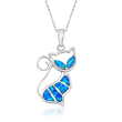 Blue Synthetic Opal Cat Pendant Necklace in Sterling Silver