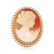 C. 1970 Vintage Oval Shell Cameo and 2.5mm Cultured Pearl Pin in 14kt Yellow Gold