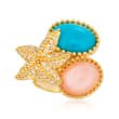 Turquoise and Peach Moonstone Starfish Ring with White Topaz in 14kt Gold Over Sterling