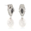 10-10.5mm Cultured Pearl and 1.40 ct. t.w. White Topaz Panther Earrings with Black Spinels in Sterling