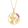 .90 ct. t.w. Peridot and .60 ct. t.w. Rhodolite Garnet Hummingbird Pendant Necklace in 18kt Gold Over Sterling