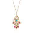 Turquoise and .20 ct. t.w. Diamond Hamsa Hand Pendant Necklace with Ruby Accents in 14kt Yellow Gold