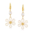 Italian Cultured Pearl and White Enamel Flower Drop Earrings 