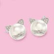 8-8.5mm Cultured Pearl Cat Earrings with Diamond Accents in Sterling Silver