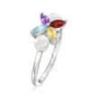 4.5-5mm Cultured Pearl and .38 ct. t.w. Multi-Gemstone Ring in Sterling Silver
