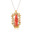 C. 1980 Vintage Coral and .35 ct. t.w. Diamond Buddha and Leaf Pendant Necklace in 14kt Yellow Gold