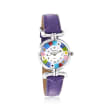 Italian Woman's Floral Multicolored Murano Glass 26mm Watch with Purple Leather
