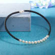 8-12mm Cultured Pearl and Black Leather Collar Necklace with Sterling Silver