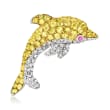 3.00 ct. t.w. Yellow Sapphire and .60 ct. t.w. Diamond Dolphin Pin with Pink Sapphire Accent in 14kt White Gold