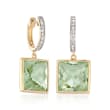 14.00 ct. t.w. Green Prasiolite and .18 ct. t.w. Diamond Drop Earrings in 14kt Yellow Gold