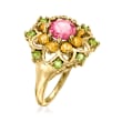 C. 1990 Vintage .75 Carat Pink Tourmaline Flower Ring with .50 ct. t.w. Citrine and .35 ct. t.w. Peridot in 14kt Yellow Gold