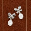 8-9mm Cultured Pearl and .30 ct. t.w. White Topaz Bow Drop Earrings in Sterling Silver