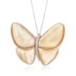 C. 1980 Vintage Champagne Mother-Of-Pearl and Diamond Butterfly Pin Pendant Necklace in 14kt and 18kt Gold