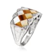 C. 1950 Vintage Mother-Of-Pearl and Tiger's Eye Ring with Diamond Accents in 14kt White Gold