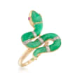 Green Jade Snake Ring with Diamond and Ruby Accents in 14kt Yellow Gold