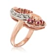 C. 1950 Vintage .35 ct. t.w. Ruby and .12 ct. t.w. Diamond Cocktail Ring in 14kt Rose Gold