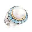 11-12mm Cultured Pearl and 3.00 ct. t.w. Blue Topaz Ring in Sterling Silver and 14kt Yellow Gold