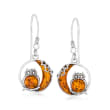 Amber Owl and Crescent Moon Drop Earrings in Sterling Silver