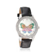 Saint James Women's Multicolored Crystal Butterfly Watch with Black Leather in Silvertone