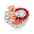 C. 1980 Vintage 1.30 ct. t.w. Synthetic Ruby and .70 ct. t.w. Diamond Swirl Ring in 14kt Two-Tone Gold