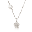 Mikimoto &quot;Cherry Blossom&quot; 5.5mm A+ Akoya Pearl and .13 ct. t.w. Diamond Floral Necklace in 18kt White Gold