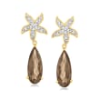 5.00 ct. t.w. Smoky Quartz and .12 ct. t.w. Diamond Flower Drop Earrings in 14kt Yellow Gold