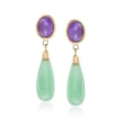 Lavender and Green Jade Drop Earrings in 14kt Yellow Gold