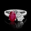2.00 Carat Oval Ruby and 1.00 Carat Pear-Shaped Lab-Grown Diamond Toi et Moi Ring in 14kt White Gold