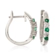 .20 ct. t.w. Emerald and .10 ct. t.w. Diamond Hoop Earrings in 14kt White Gold