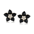 C. 1970 Vintage Black Onyx and 2.35 ct. t.w. Diamond Flower Earrings in 18kt Yellow Gold