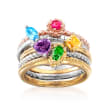 1.09 ct. t.w. Multi-Gemstone Stackable Jewelry Set: Five Rings in Sterling Silver and 18kt Yellow, White and Rose Gold Over Sterling