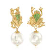 Italian Cultured Pearl and .45 ct. t.w. Green CZ Frog Earrings in 18kt Gold Over Sterling