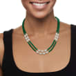 100.00 ct. t.w. Emerald Bead and 7-8mm Cultured Pearl Two-Strand Necklace with 14kt Yellow Gold 18-inch