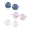 11-12mm Multicolored Cultured Pearl Jewelry Set: Three Pairs of Earrings in Sterling Silver